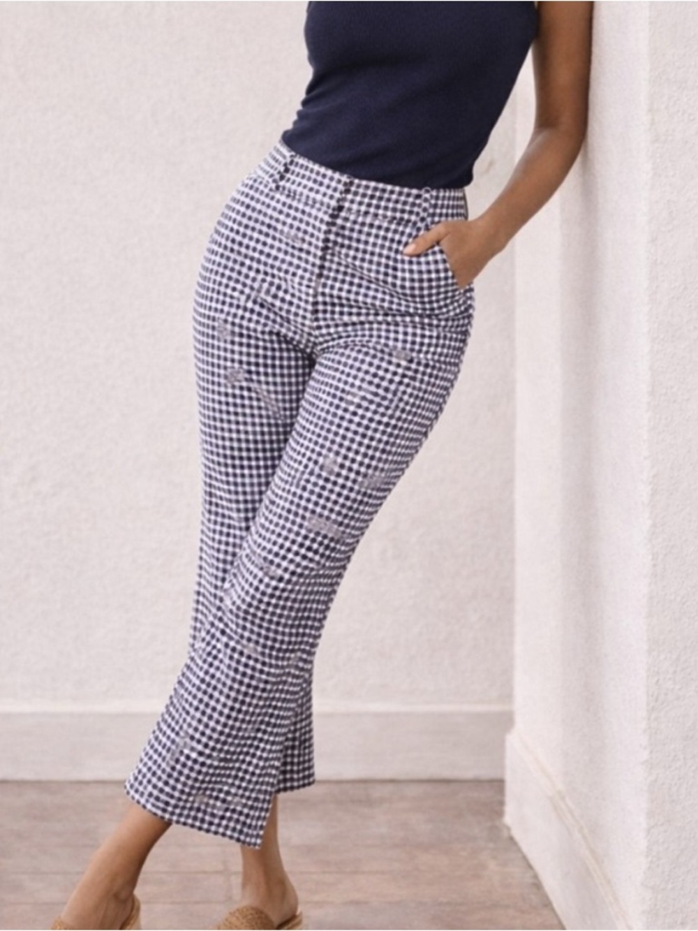J.Crew Hayden Kick Flare Pants 4 Blue White Gingham Cropped Ankle Preppy